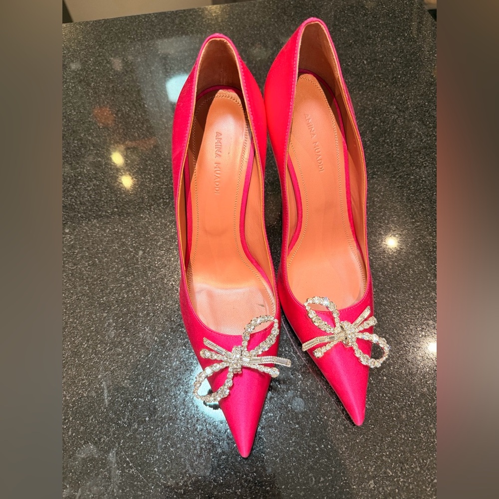 Amina Muaddi Satin Heels with Crystal Bow Accent